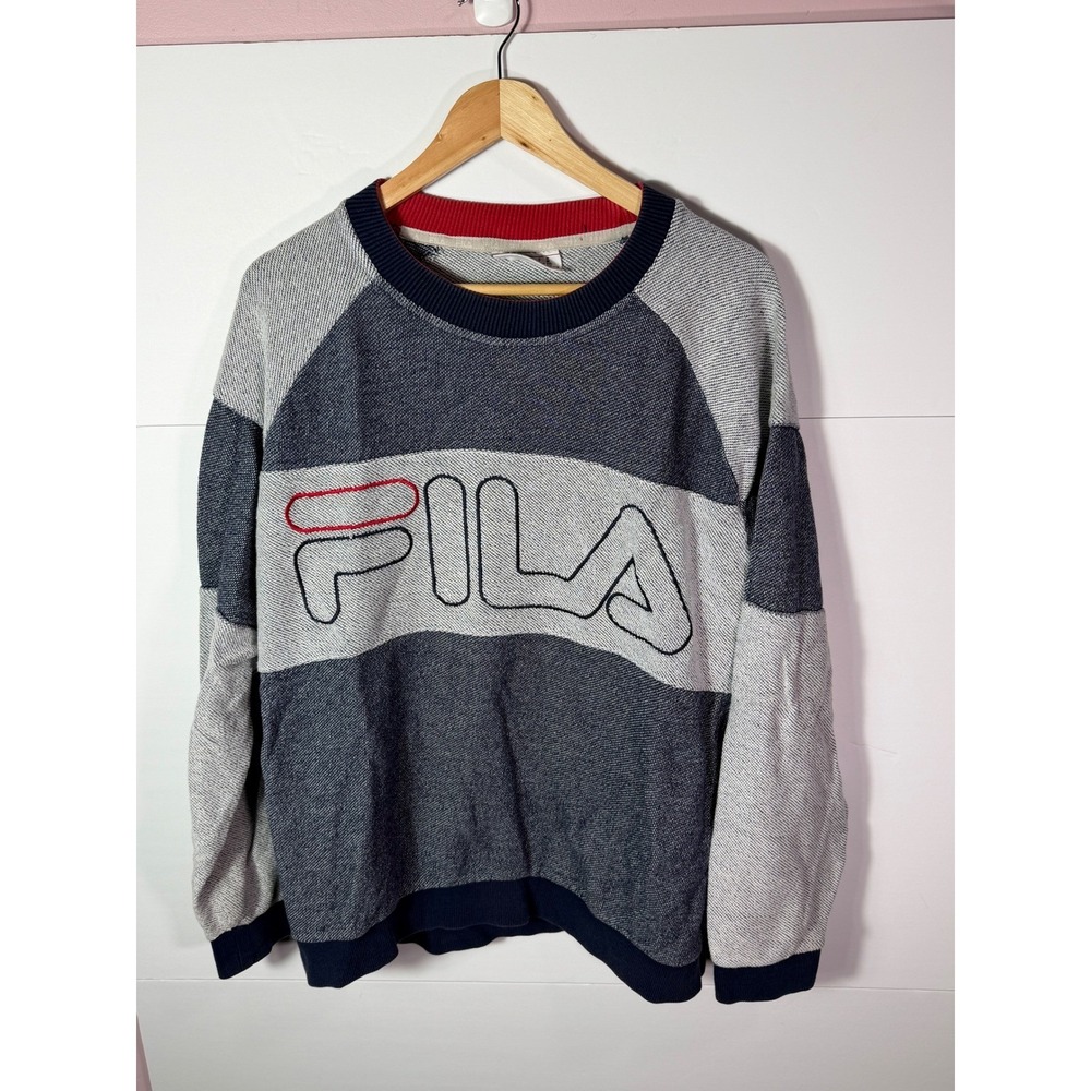 Vintage Fila Sweatshirt Mens XXL Blue Grey Colorblock Embroidered Logo Pullover